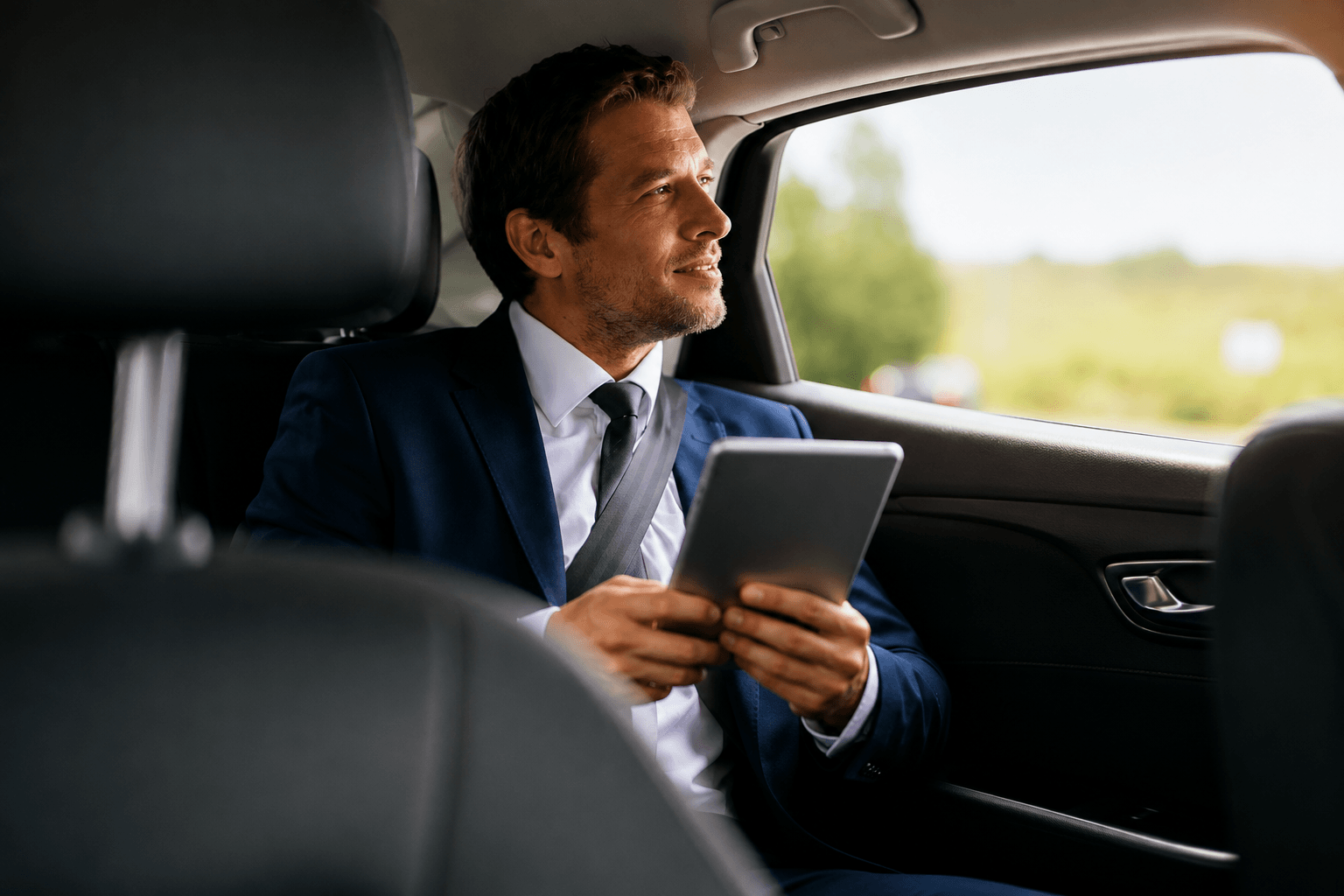 Corporate transportation passenger in a business suit traveling comfortably in a premium car with a tablet.