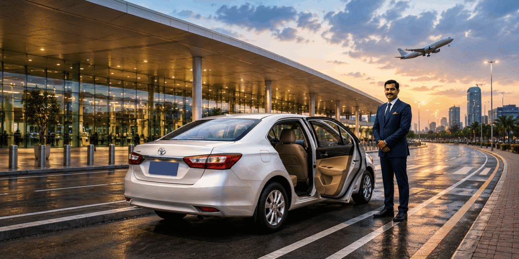 Hyderabad airport taxi with professional chauffeur and silver sedan at airport terminal, airplane taking off in background