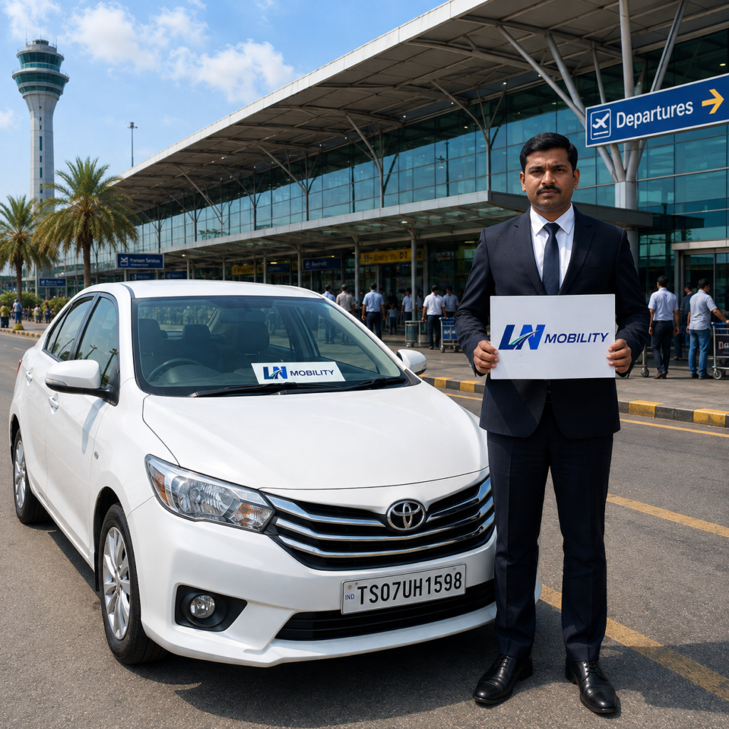 LN Mobility airport taxi with professional chauffeur at Hyderabad airport