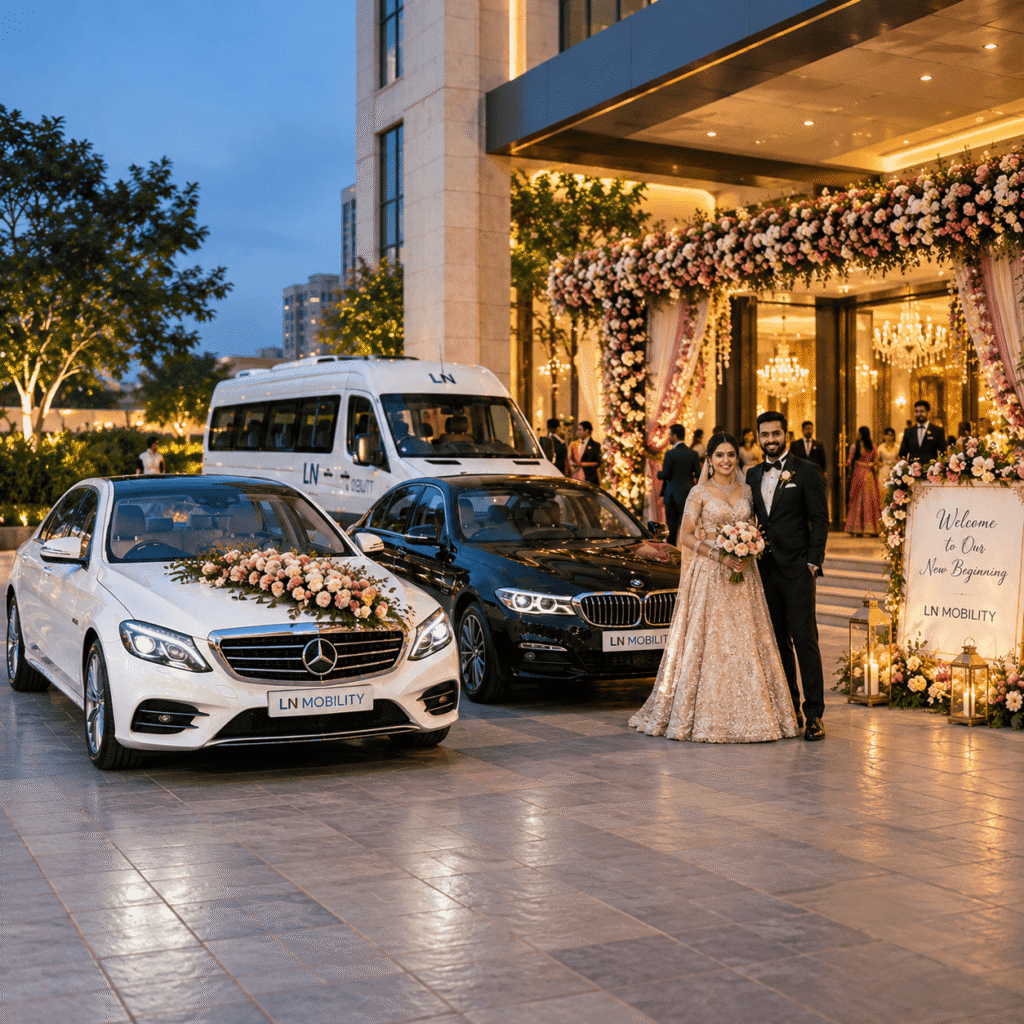 Luxury wedding transportation in Hyderabad with premium cars and wedding couple