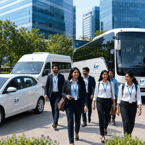 Employee transportation service in Hyderabad with staff and LN Mobility bus
